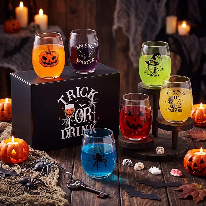 Qinyoung 7 Pcs Halloween Wine Glasses Pumpkin Witch Ghost | with Gift Box, Stemless, Funny Quotes on Glasses, Spider Bat Prints, Home Bar, Entertaining
