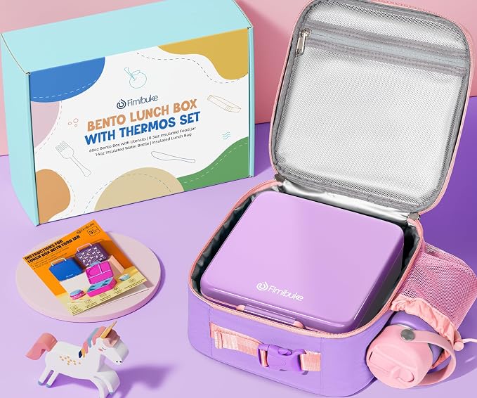 Fimibuke Bento Box for Kids Adult - Leakproof 3-4 Compartments Lunch Bento Box Set with Insulated Food Jar, Water Bottle, Lunch Bag, Sauce Cup & Cutlery for Toddler Teen Shcool Girl Boy Age 3+