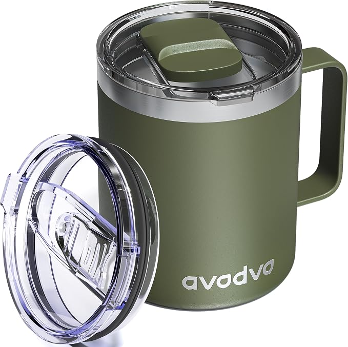 12oz Insulated Coffee Mug with Lid – Includes Two Lids, Stainless Steel Coffee Travel Mug with Handle, Double Wall Vacuum Insulated Camping Mug for Home, Office & Outdoor, Army Green