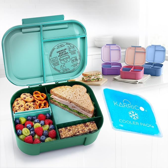 Leakproof Bento Lunch Box, 3-Compartment, Adjustable Divider, Green | 3-Compartment Design, Leakproof, Extra Large Capacity, Adjustable Divider, Includes Cooler Pack, Dishwasher Safe, Reusable