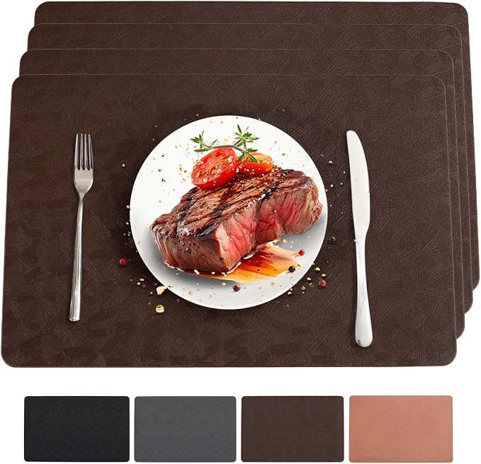 Brown Vinyl Placemats Set of 4 Waterproof Wipeable Table Mats | Heat Resistant Easy Clean Place Mats Faux Leather Table Mats Washable PVC Table Placemats for Dining Table