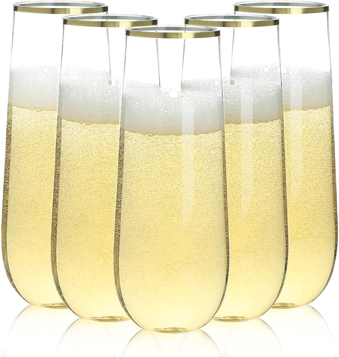 Bestluck 24 Pack 9 oz Stemless Plastic Champagne Flutes Gold Rim | Clear Disposable Champagne Glasses, Shatterproof and BPA-Free Drinkware for Party & Graduation & Wedding