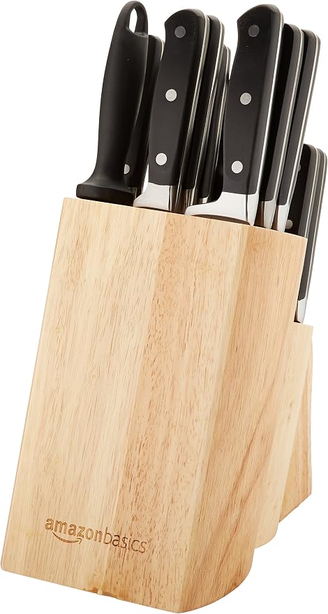 Amazon Basics 18-Piece Premium High-Carbon Stainless Steel Kitchen Knife Set with Built-in Sharpener, Ergonomic Handles, Pine Wood Block, Black