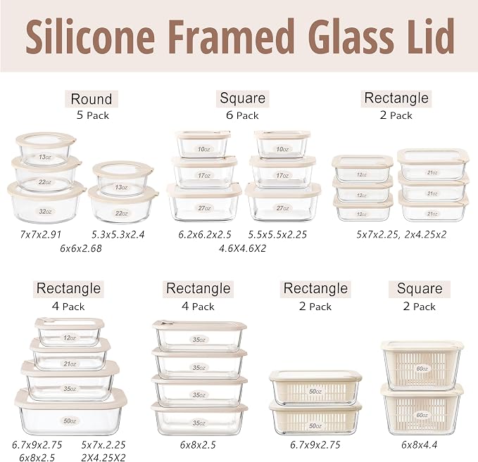 Glass Food Storage Containers with Glass Lids, Microwave Safe Food Container Set, Airtight Meal Prep Containers, LeakProof, 100% Plastic Free, 6 Pack