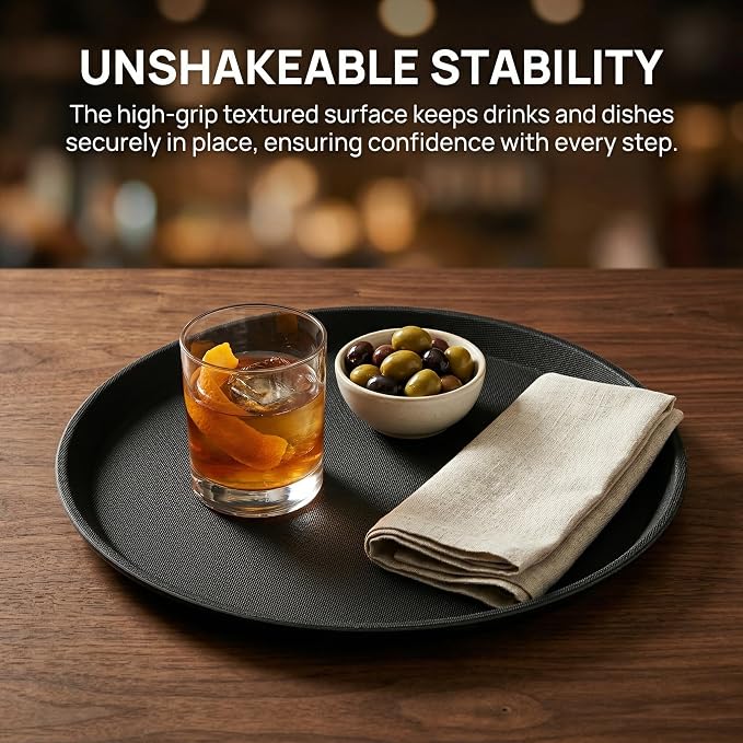 TOPZEA 3 Pack Restaurant Serving Trays, 11 Inch Fiberglass Black Round Tray Non Slip Food Service Platters Cocktail Beverage Server Tray for Restaurant, Bar, Buffet, Coffee Station, Catering Party