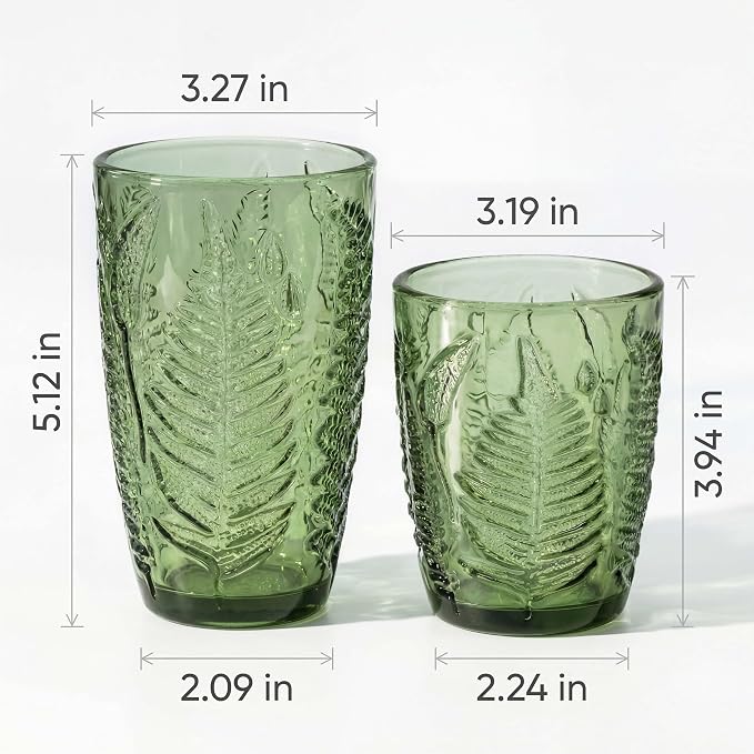 Green Drinking Glasses Set of 8 - 12 & 10 oz, Vintage Boho Fern Glass Cups | Hand-Pressed, Dishwasher Safe, Leaf-Textured Glassware, Colored Embossed Highball & Lowball Tumblers for Water, Retro Kitchen