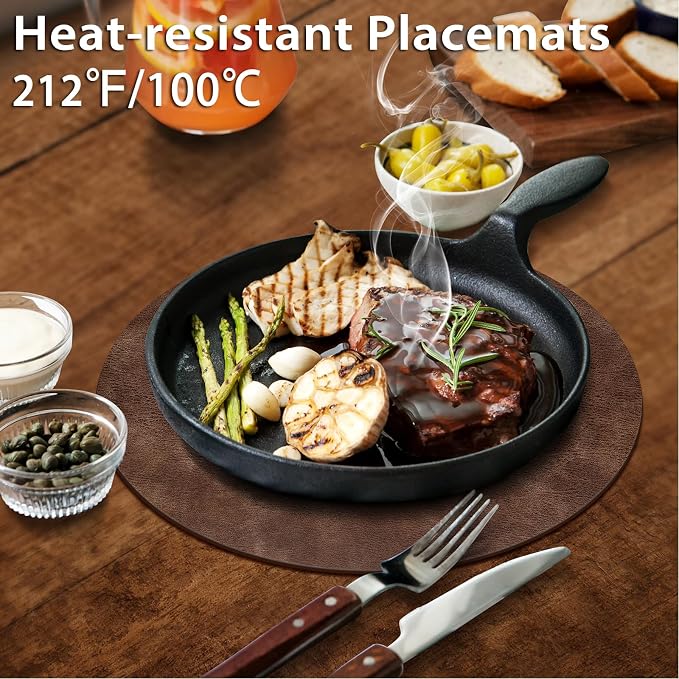 ADRIMER Placemats, Heat Resistant Round Placemats Set of 4 Washable, Waterproof Table Mats, Wipeable Faux Leather Place Mats for Kitchen, Dining Room, Brown
