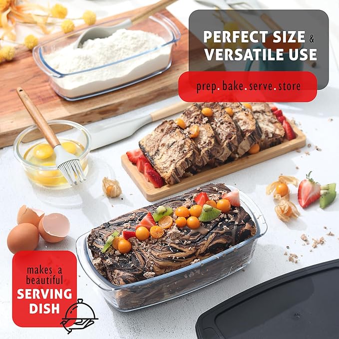 EATEX Glass Bread Pans for Homemade Bread Baking, 1.9 Quart Deep Rectangular Glass Food Storage Containers with Lids BPA Free Microwave Oven & Freezer Safe - 6 Bread Loaf Pans 6 Airtight Lids Black
