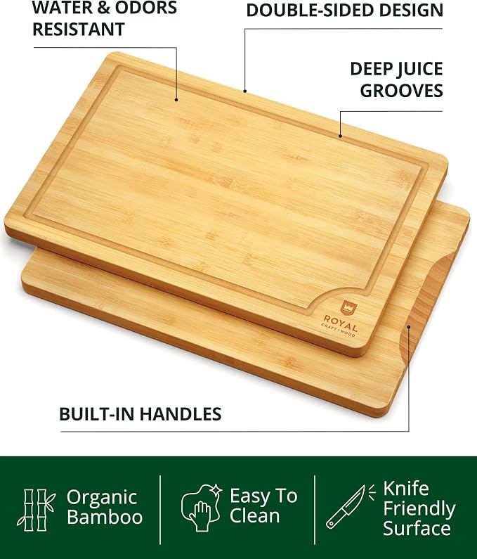 ROYAL CRAFT WOOD Cutting Boards for Kitchen - Chopping Board Set of 3 - Wooden Cutting Boards for Meal Prep & Serving - Bamboo Wood Cutting Board Set - Charcuterie & Chopping Butcher Block for Meat