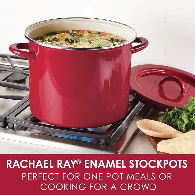 Rachael Ray Create Delicious Large Enamel on Steel Induction 12 Qt Stock Pot with Lid, Red Shimmer
