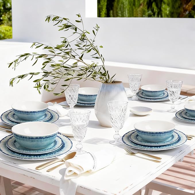Melamine Dinnerware Set of 18 Pcs Dinner Dishes Set, Lightweight Unbreakable for Indoor and Outdoor Use, BPA Free, Dishwasher Safe, Light Blue