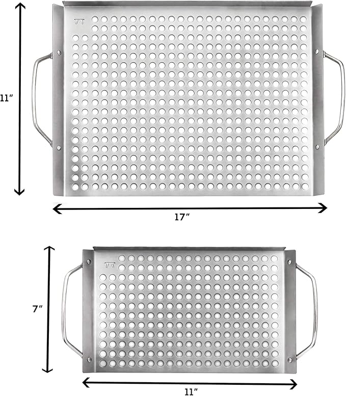 Outset Stainless Steel Grill Topper Grid, Set of 2, 11"x7" & 11"x17" Trays | Stainless Steel Grill Toppers | BBQ Veggie Grill Trays | Easy to Carry | Seafood Grill Tray With Holes | Infuses Flavor