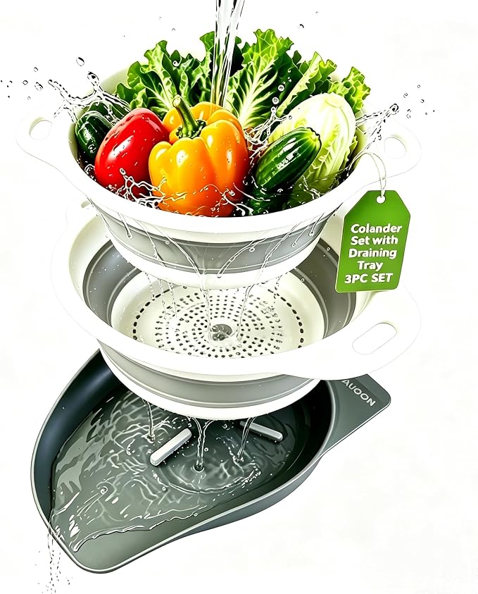 AUOON Collapsible Colander Set (3QT + 4QT) with Draining Base, White+Gray | Fast Draining, Heat-Resistant, Dishwasher Safe, Space-Saving, Food-grade TPE & PP for Pasta Noodles Vegetables and Fruits