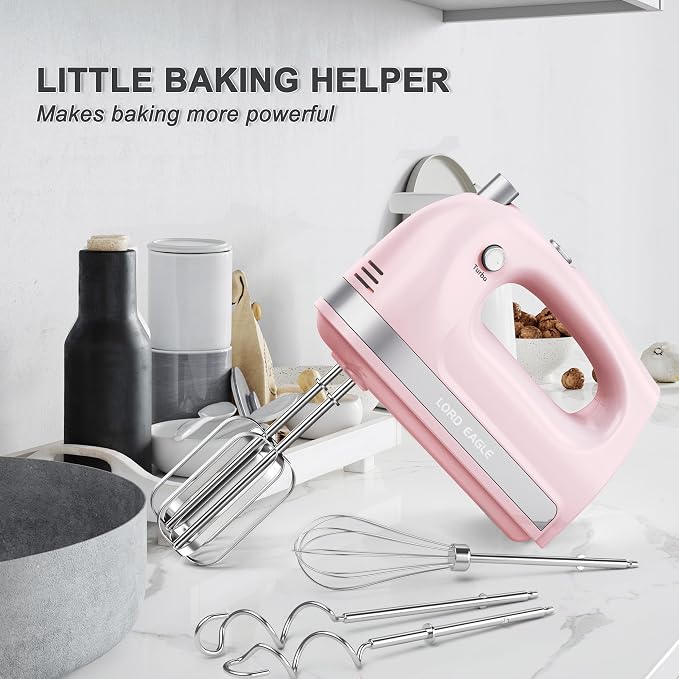 Lord Eagle Hand Mixer Electric Handheld 400W,5-Speed, Lightweight, Pink | Kitchen Mixer with Storage Case, 5 Stainless Steel Attachments for Baking Cake Egg Cream Food Beater, Turbo+Eject Button