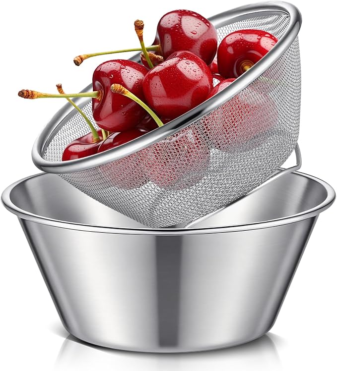 Mini Colander Food Strainer | Fine Mesh Colander with Bowl, 304 Stainless Steel, Strainer for Washing Fruits Vegetables Rice, Kitchen Cooking Prep