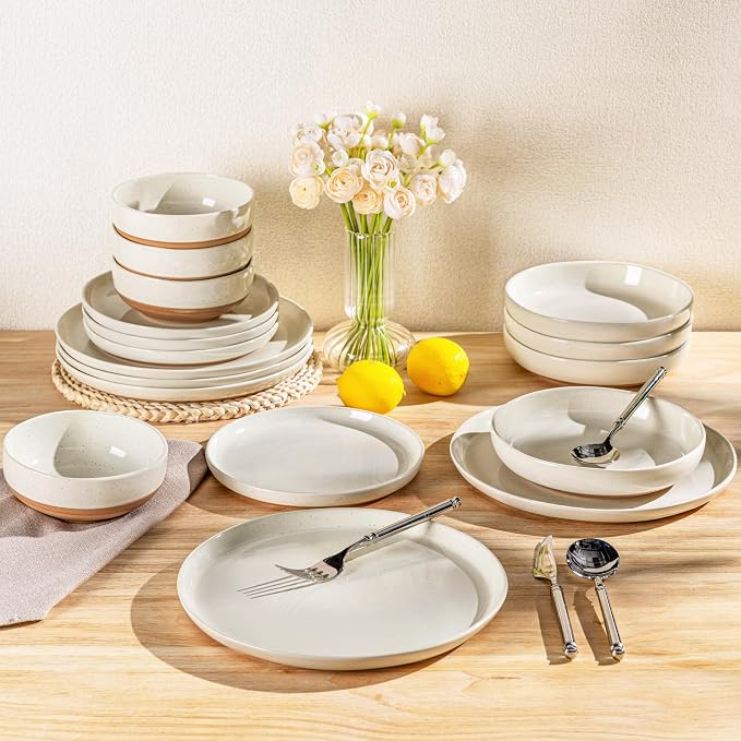 AmorArc Dinnerware Sets for 6, 24 Pieces Ceramic Plates and Bowls Set | Scratch Resistant Stoneware Dishes Set, Dishwasher & Microwave Safe, Light Beige