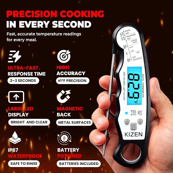 Instant Read Meat Thermometer Digital - Food Thermometer for Cooking, Grill, Oven, BBQ - IP67 Rated Waterproof - Large Backlit Display and Magnetic Back