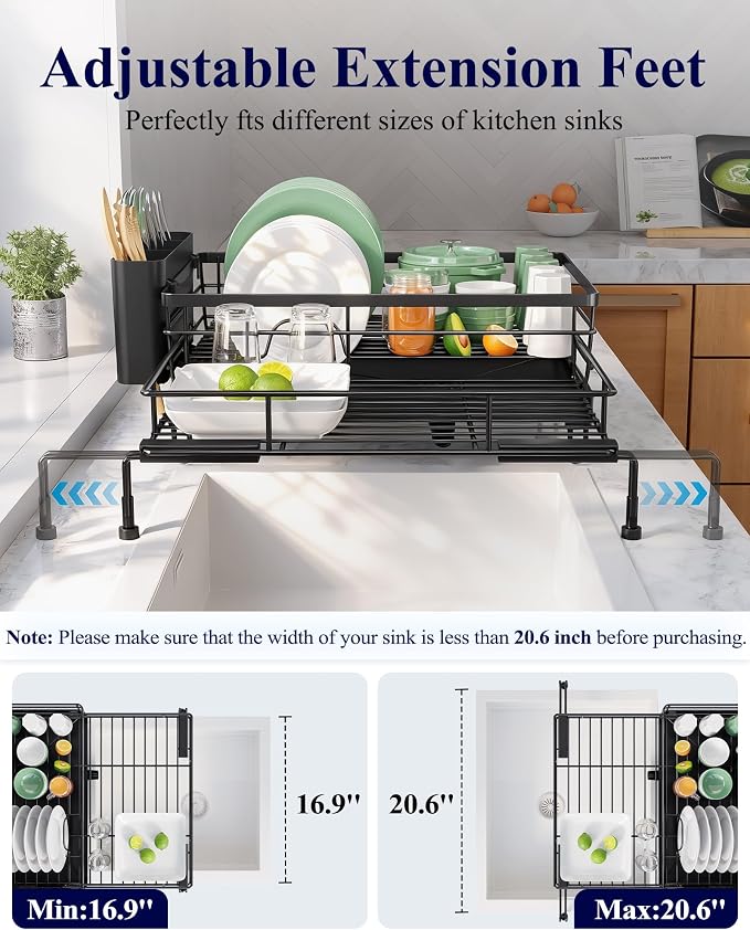 Kitsure Adjustable Dish Drying Rack, 15.6''-25.2''L × 16.9''W, Black | Large Dish Drying Rack, Rust-Resistant Dish Racks for Kitchen Counter, With Adjustable Support Legs, Cutlery Holder