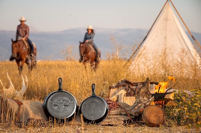 Lodge Pre-Seasoned Yellowstone Stamped Cast Iron Cookware - Signature Teardrop Handle & Assist Handle - Cowboy on Horseback 10.5 Inch Grill Pan