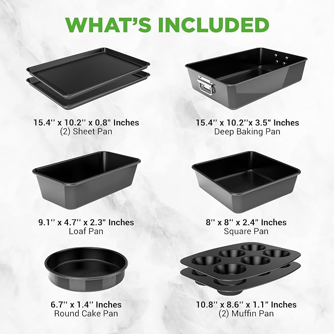 NutriChef 8-Piece Stackable Nonstick Bakeware Set - Premium Steel Baking Pans Set - Includes Round Cake Pan, 6-Cup Muffin Pans, Wide/Square Brownie & Loaf Pans, Cookie Sheet, & Roaster Pan (Black)