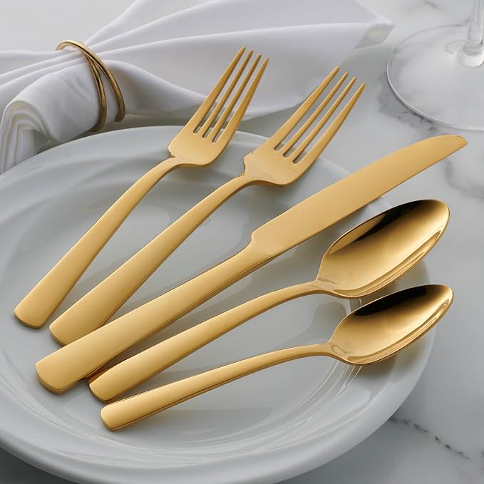 Oneida Aptitude Gold 20-Piece 18/0 Silverware Set for 4, Flatware | mirror finish, dishwasher safe | includes knives, forks, and spoons | cutlery set for kitchen and dining