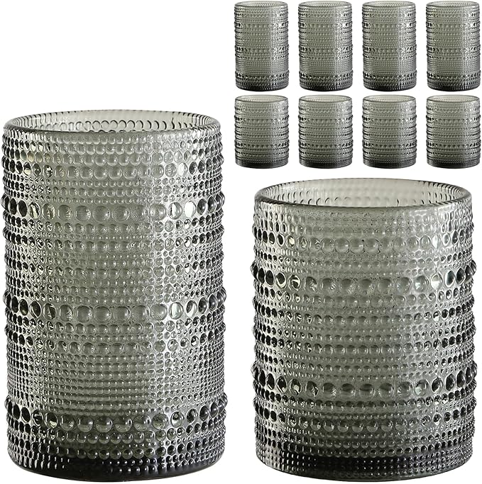 ZMOWIPDL 12oz & 15oz Hobnail Drinking Glasses,Grey Glass Cups Set of 8 | Vintage Highball Glassware，Kitchen Drinkware，Embossed Water Tumbler,for Beer,Cocktail,Whiskey,Juice,Various Mixed Drinks