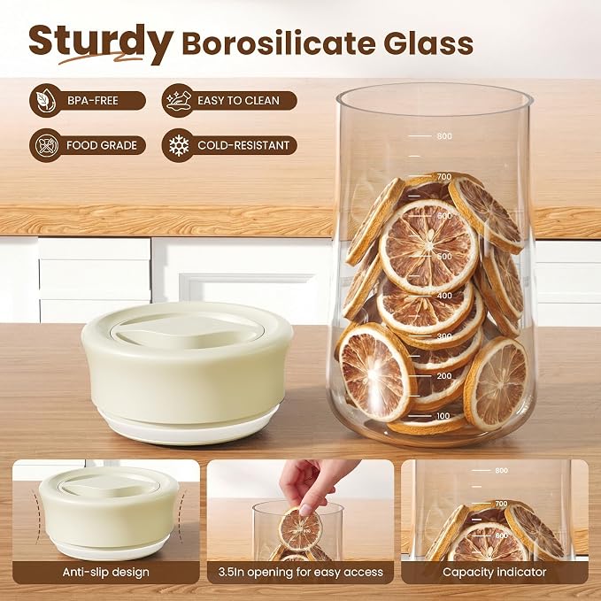 Airtight Glass Storage Jar 27 oz, Easy Open 1/4-Turn Lid Coffee Container | Easy-Open Quarter-Turn Lid, Airtight, Food Grade, Transparency, with Scale