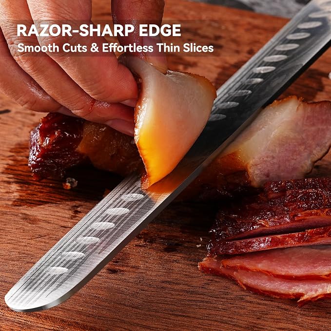 DiiHAUZZ Brisket Slicing Knife, 12 Inch Carving Knife for Meat Cutting | High Carbon Stainless Steel, Non-Stick Granton Edge, Ergonomic Pakkawood Handle, Razor Sharp for Turkey, Roasts and BBQ