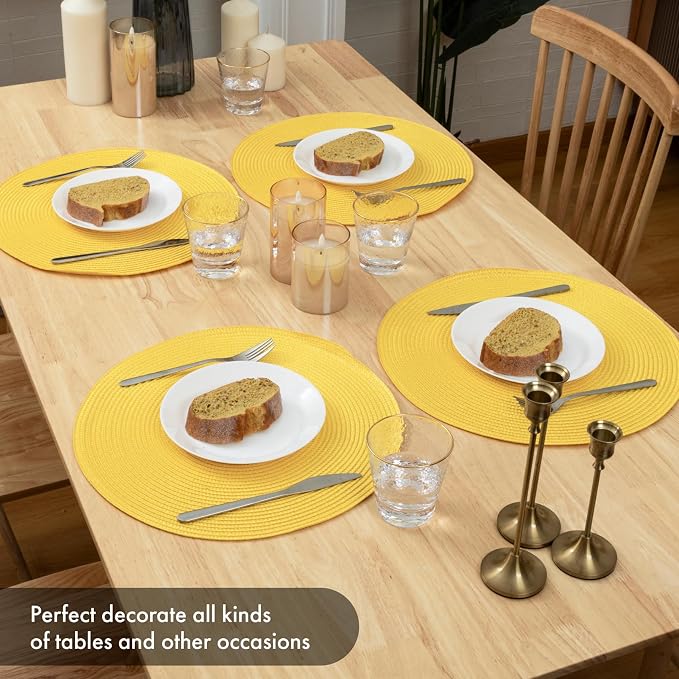 Winknowl Round Braided Placemats Set of 4 Washable Woven Heat Resistant Table Mats for Kitchen Dining Tables 15 inch Round Place Mats (Yellow,4pcs)