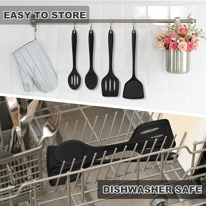 TeamFar Silicone Cooking Utensils Set, 5-Piece Kitchen Utensils Set | Heat Resistant Nonstick Slotted Solid Spoon Turner Pasta Server for Frying Serving Mixing, Non-Toxic & Dishwasher Safe, Black