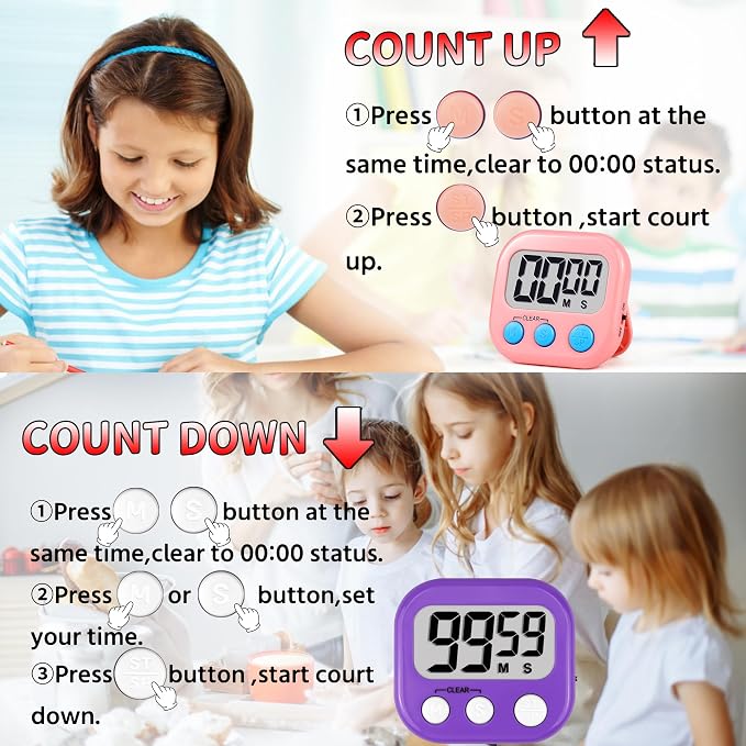 Timer for Kids Digital Kitchen Timers for Cooking- 2 Pack Pink Purple | Countdown Timer for Classroom Study Exercise Teacher Supplies, Strong Magnetic, Loud Alarm, Large Screen, Fast Reset, Memory