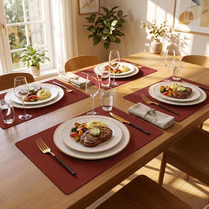 Romanstile Vinyl Placemats Set of 4-12 X 17 Inch - Faux Leather 100% Waterproof Wipeable Anti Slip Place Mats, Heat Resistant Reversible PU Table Mats for Kitchen Dining Party Outdoor, Red
