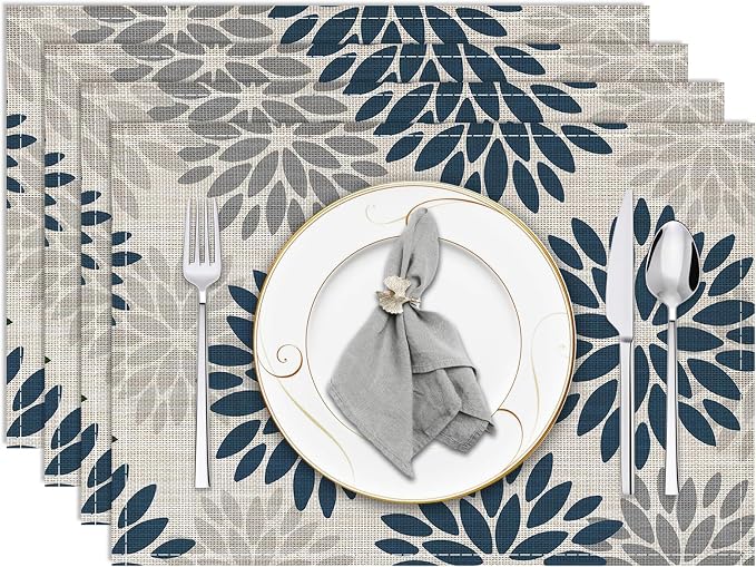 Dahlia Aqua Floral Pinnata Flower Placemats Set of 4, 12x18 Inch Washable Easy to Clean Heat-Resistant Anti-Skid Grey Placemats for Holiday Party Kitchen