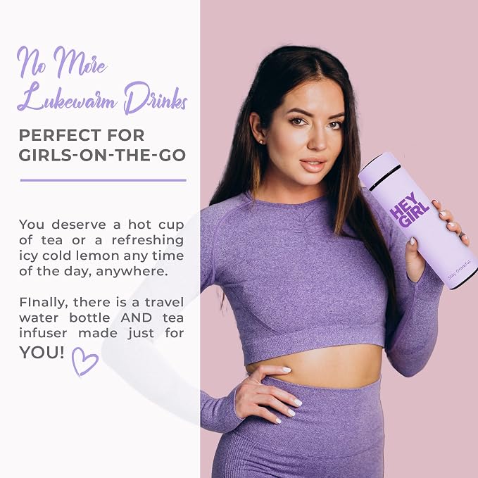 Hey Girl Tea Infuser Bottle 450ml - Insulated Stainless Steel Water Bottle - Tea Tumbler with Tea Diffuser - Portable Travel Mug for Loose Leaf Tea & Infused Water - Tea Lovers Gifts for Women