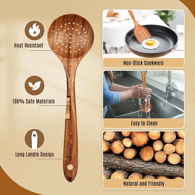 Mooues Wooden Kitchen Utensil Set, 12 Piece Natural Teak with Spoon Rest | Wooden Cooking Utensils with Comfort Grip, Smooth Durable Heat Resistant Cooking Spoons and Utensils Holder for Cooking