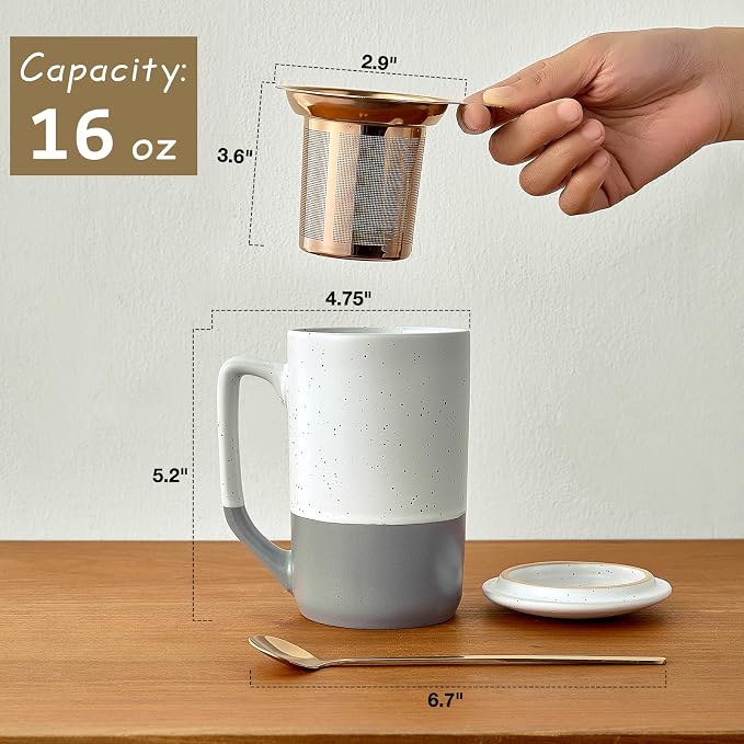 Gencywe Ceramics Large Tea Cup with Loose Leaf Infuser, Spoon and Lid, 16 oz Tall Coffee Mug, Microwave and Dishwasher Safe, Rustic Matte Ceramic Glaze, Tea Strainer (Gray)