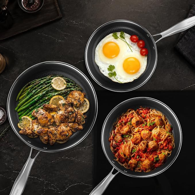 SAKAMOSH 8" 9.5" 11" Hybrid Nonstick Frying Pan Set, Stainless Steel | PFAS/PFOA/PTFE-Free Ceramic Pan, Dishwasher & Oven Safe, Skillet WithStay-Cool Handle, Compatible with All Cooktops