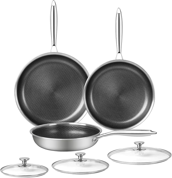 Innerwell Non Stick Frying Pans, Stainless Steel Pan Set with Lid | Honeycomb nonstick coating, PFOA-free. Cool-touch handles. Compatible with All Stoves. Oven Safe&Dishwasher safe.