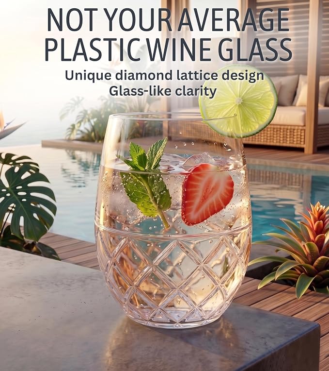 Unbreakable Plastic Stemless Wine Glass - 16 oz Set of 6 | Tritan Plastic, Shatterproof & Reusable Drinkware Perfect for Outdoor, Pool, Camping & Everyday Use