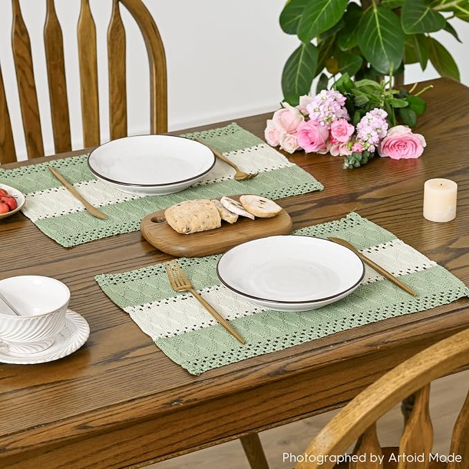 Artoid Mode Light Green Farmhouse Rustic Placemats Set of 4,12x18 Inch Seasonal Hollow Table Mats Party Kitchen Dining Decoration