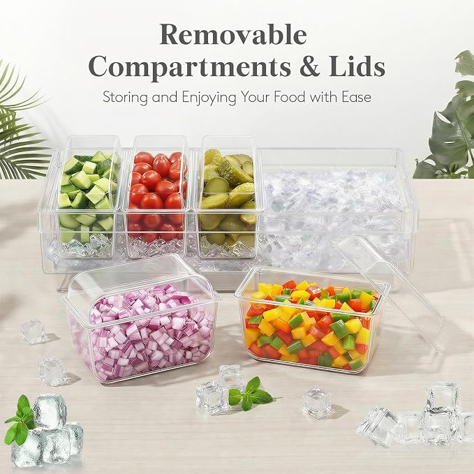 Lifewit Chilled Condiment Container with Individual Lids & Handle Design | Available with Spoons & Tongs, BPA-free Condiment Caddy with 5 Containers, Ice Garnish Tray for Taco, Mimosa & Dirty Soda Bar