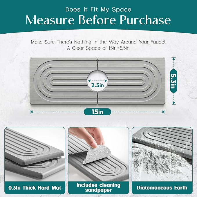 Faucet Mat for Kitchen Sink - Wider Diatomite Fast Drying Stone Sink Tray, Super Absorbent, Prevents Moisture Buildup - Faucet Splash Guard for Bathroom Counter (Grey, 15x5.3inch)