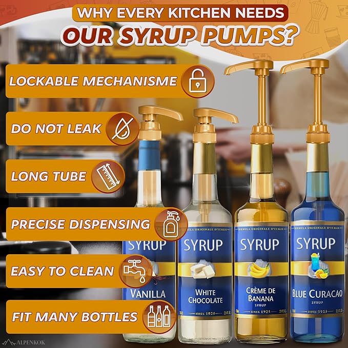 Coffee Syrup Pump, 16 Pack Gold Dispenser for 25.4 oz Bottles | Pumps for Syrup Bottles; 9.25" Closed, 11.54" Open Plastic Build; Lock Mechanism, Leak-Resistant for Liquids, Sauces & Pastes