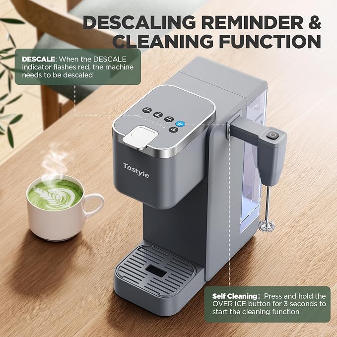 Tastyle Single Serve Coffee Maker with Built-in Detachable Milk Frother | For K Cups & Grounds, 40oz Removable Water Tank, 6 Brew Sizes, 2 Drip Trays, BPA Free, Fits 7.3" Travel Mug, K330MF, Gray