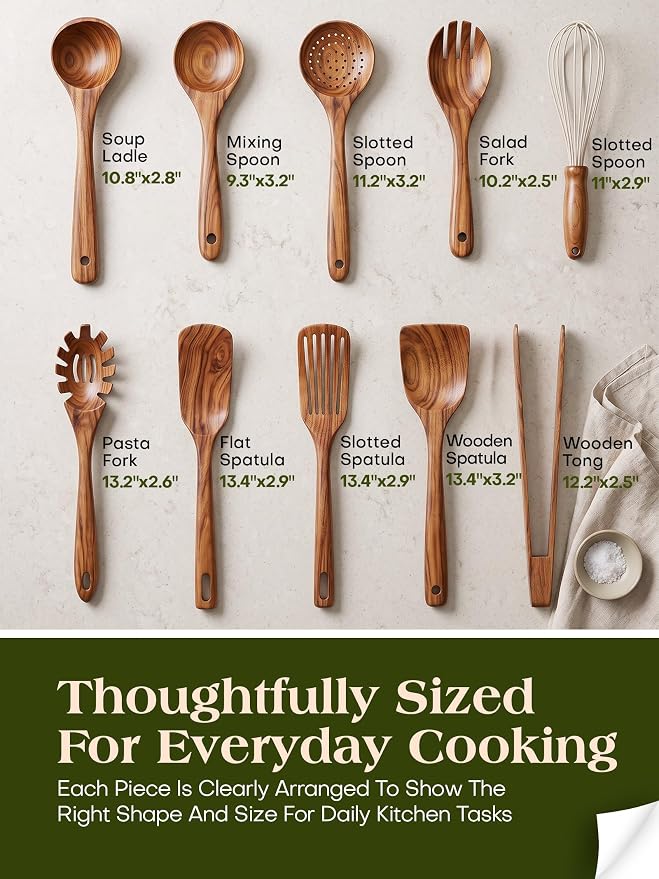 10Pcs Wooden Kitchen Utensils, Teak Wood Utensil Set for Kitchen, Heat-resistant Wooden Spoons for Cooking, Nonstick Wood Spatula Soup Ladle Tong Egg Whisk