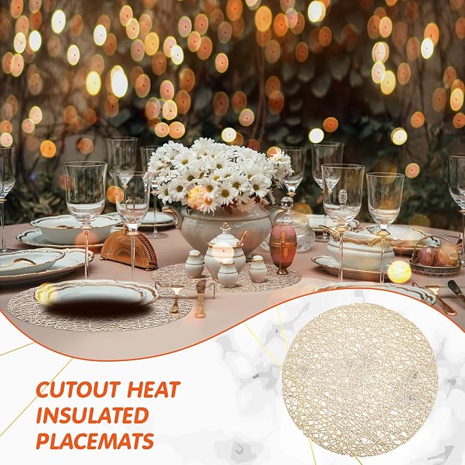 Sieral 60 Packs Round Placemats 15 Inch Hollow Out Pressed Vinyl,Gold | Heat Resistant Woven Texture, Easy Clean for Christmas Dinner Party, Wedding Holiday Centerpiece Dining Table Decor