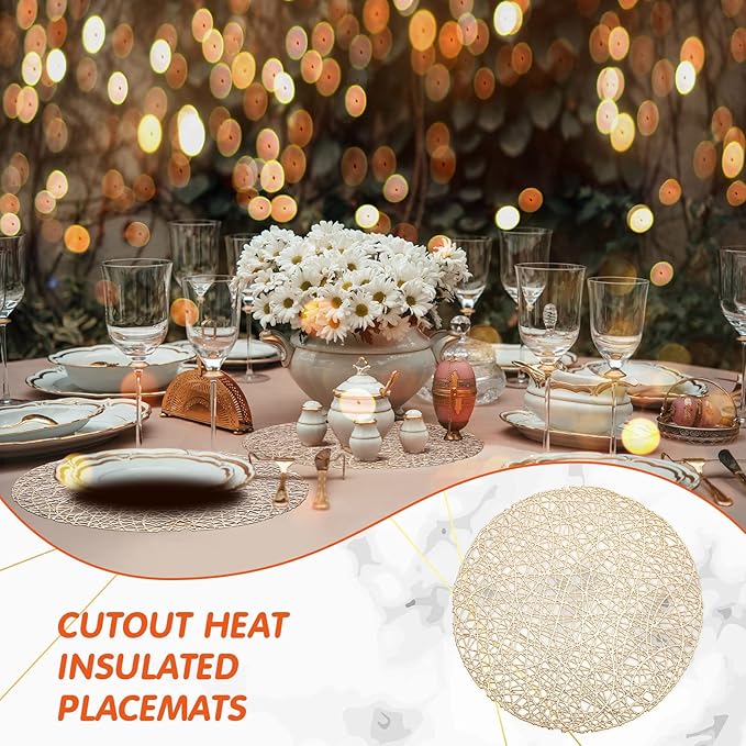 Sieral 48 Packs Gold Round Placemats 15 Inch Hollow Out Pressed Vinyl Place Mats Heat Resistant Woven Gold Placemats for Christmas Dinner Table Winter Holiday Party Wedding Centerpiece Decoration