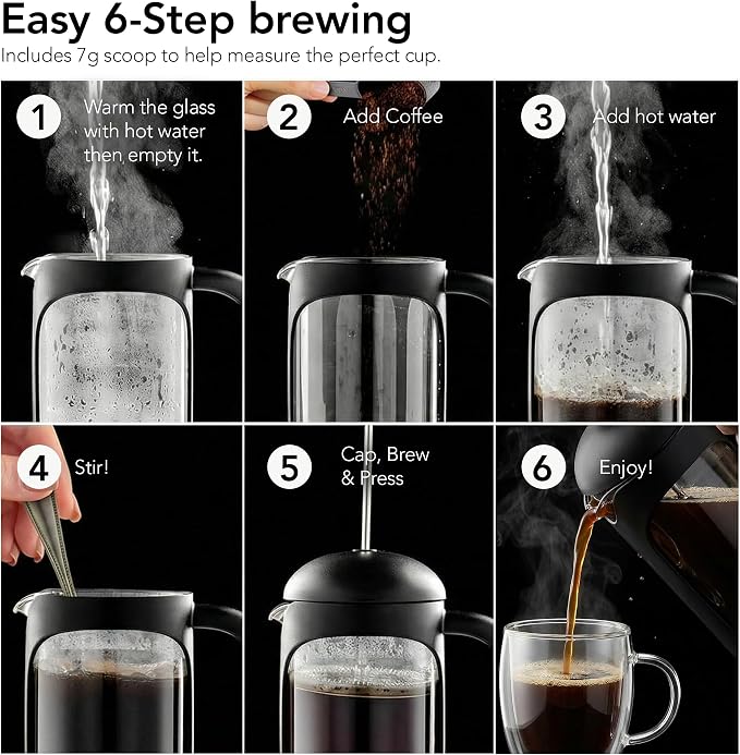 OVENTE 20oz French Press Coffee Maker with 4-Level Filtration, Black FPB20B | Heat Resistant Borosilicate Glass Pot, Dishwasher Safe Stainless Steel Filter, Portable Cafetiere for Travel, Camping or Gift