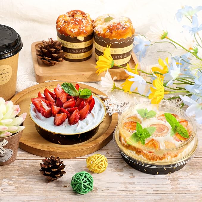 Beasea Mini Aluminum Pie Pans with Lids, 100 Pack 4” 8oz Black Gold Baking Pie Foil Tins Small Round Tart Cups Containers for Individual Cupcake Muffin Cheesecake Dessert Ramekins Quiche Oven Dishes