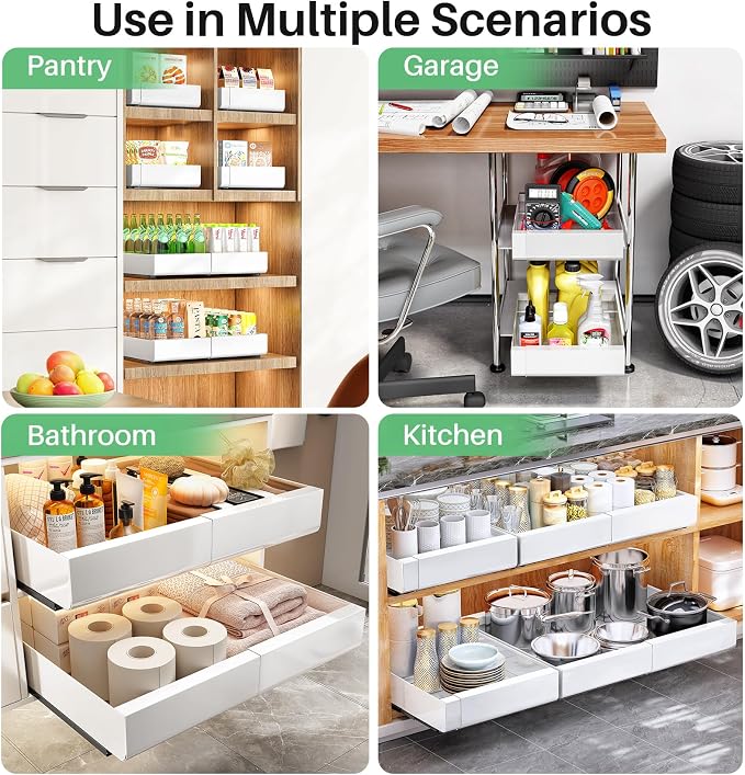 Pull out Cabinet Organizer, Expandable(12"-20") Heavy Duty Slide out Drawers Fixed with Adhesive Nano Film for Pots, Roll out Shelf Storage for Kitchen Base Cabinet, Pantry, Bathroom(2-Pack)